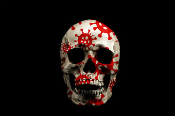 Human skull with coronavirus bacteria pattern isolated on black. Concept of victims of the pandemic.  Global infection.