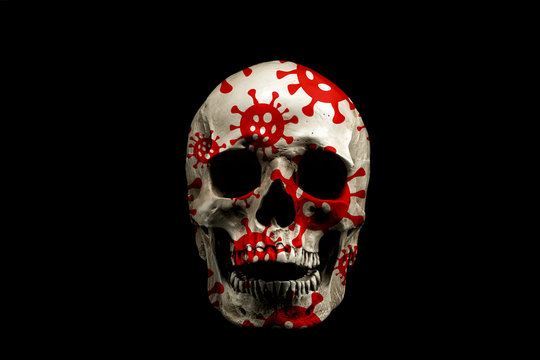 Human Skull With Coronavirus Bacteria Pattern Isolated On Black. Concept Of Victims Of The Pandemic.  Global Infection.