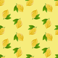A seamless lemon pattern on yellow background. The seamless pattern of fresh citrus fruit lemons with green leaves. Hand drawn gouache painting