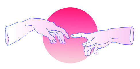 Two hands going to touch together. Simple line art style illustration for tattoo or fashion print design.