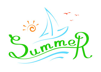 Colorful brush lettering composition of summer vacation with handwritten sailboat, seagull and funny sun on white background. Typography design. Vector illustration, EPS 10.