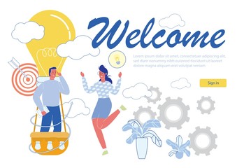 People Team Greeting and Welcoming Clients and Welcome Inscription. Startup Project Advertising and Investment Attraction. Support for Successful Business Idea. Flat Cartoon Vector Illustration.