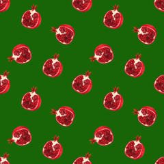 Seamless pattern with pomegranate fruits and seeds on green background. Design for cosmetics, spa, pomegranate juice, health care products, perfume. Best for textile or wrapping paper