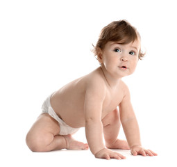 Cute little baby in diaper on white background