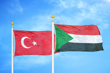 Turkey and Sudan two flags on flagpoles and blue cloudy sky