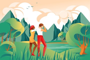 Travel and Adventure Concept with Young Tourist Couple enjoying View on Mountain Landscape Background. Discovery, Journey and Outdoor Activity Banner Template. Colorful Flat Vector Illustration.