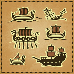 Vector icon set of featuring different types of ships (viking ship or drakkar, galleon, celtic ship, sail boat, sinking ship, small ship) on a worn parchment background with a antique map frame.