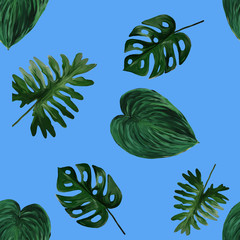 Original seamless tropical pattern with bright plants and leaves on blue background. Seamless pattern with colorful leaves of colocasia, filodendron, monstera. Exotic wallpaper. Hawaiian style © Olena