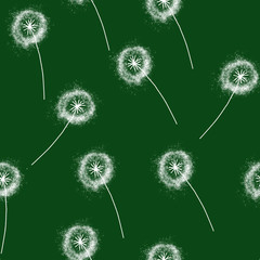 Floral pattern with hand drawn dandelions on green background. Endless pattern for wallpaper, pattern fills, web page background, surface textures. Hand drawn dandelion, botany
