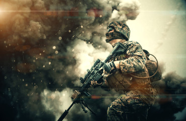 Military forces between smoke and gas in battle field