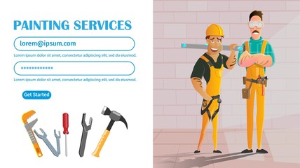Wall Painting Service Flat Cartoon Banner Vector Illustration. Repairmen in Yellow Overalls Holding Equipment for Renovation Website Design. Handymen or Builders Landing Page. Wrench, Hammer.