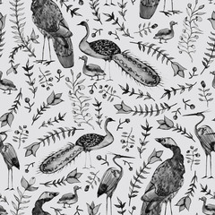 Seamless watercolor pattern with birds and botany. Background for fabric, Wallpaper and design. Background for children's textiles and Wallpapers.
