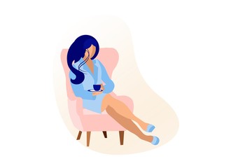 Relaxed Long Haired Woman in Blue Dress Sitting in Comfortable Armchair with Cup of Tea or Coffee Isolated on White Background, Home Leisure, Cafe Visiting, Hot Drink. Cartoon Flat Vector Illustration