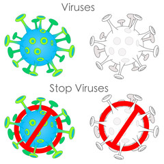 Coronavirus collection.  Forbidden SOLID 19, stop corona, 2019 - nCoV, no SARS icon set. Green yellow black Corona virus.  Pandemic. Diseased, White background. Medical sticker illustration Vector