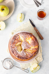 Delicious apple pie or sponge cake decorated with powdered sugar. Morning atmospheric lighting, trendy soft shadows, selective focus. Charlotte with apples. Top view.