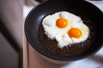 Close-up of two eggs cooking in a pan