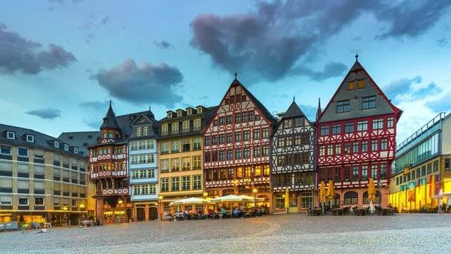Frankfurt town hall at night time lapse, hyperlapse. The R&ouml;mer is a medieval building in the Altstadt of Frankfurt am Main, Germany, and one of the city's most important landmarks. Romer Town Square.