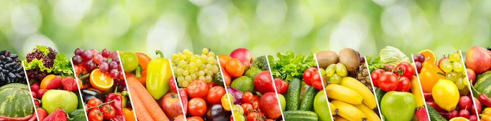 Fruits, vegetables, berries separated oblique lines on green blurred background.