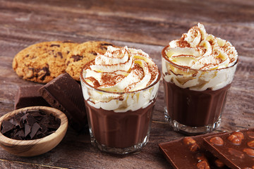 hot chocolate with cocoa and chocolate chip cookies and whipped cream