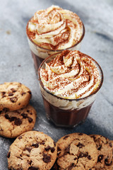 hot chocolate with cocoa and chocolate chip cookies and whipped cream