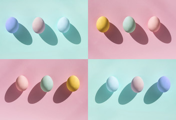 trendy easter background pattern. Modern beautiful egg coloring different Candy colors blue pink yellow.   Minimalism shadow fashion banner for holiday top view flatlay copyspace place for text
