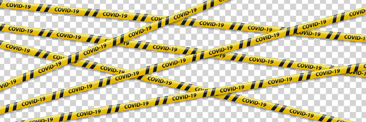 Vector set of realistic isolated quarantine caution tape with yellow and black stripes for decoration on the transparent background. Concept of pandemic precaution.