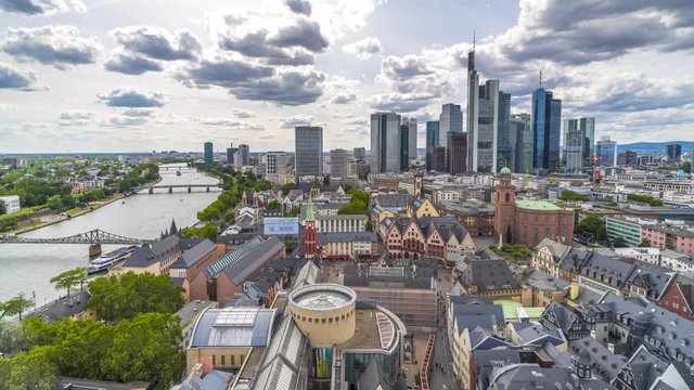 Frankfurt main skyline aerial view time lapse video in 4k germany ksyline skyscrapers.