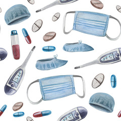 Watercolor seamless pattern of medical supplies used to help and treat patients. Suitable for healthcare related products. Includes: pills, thermometer, shoe covers, bonnet, mask, test tube with blood