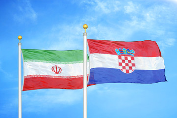Iran and Croatia two flags on flagpoles and blue cloudy sky