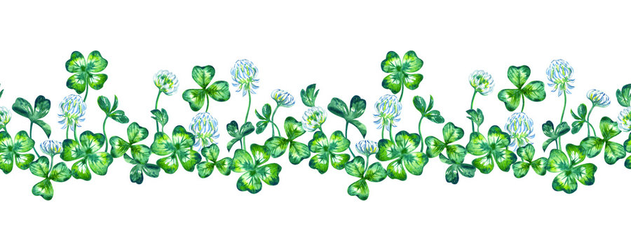 Seamless clover border, watercolor on a white background, print for fabric and other designs.