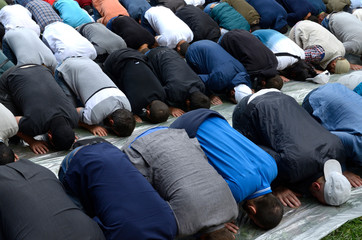 Group of muslim men kneeling and praying on lawn