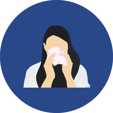 Girl sneezing or coughing and having handkerchief in hands. 