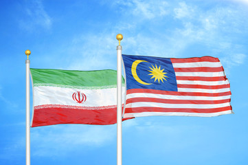 Iran and Malaysia two flags on flagpoles and blue cloudy sky