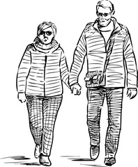 Sketch of happy elderly couple walking along street on sunny day together