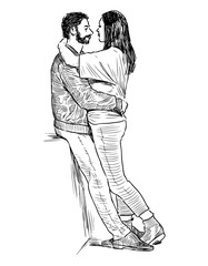 Sketch of young couple in love huging on city street