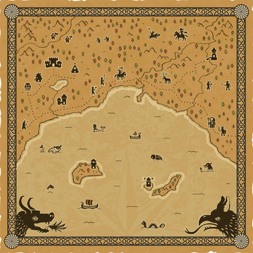 Vintage medieval fantasy map with an ornate frame, ships, orcs, goblins, elves, dwarfs, a magician, sea creatures, a mermaid, towers, a castle, a knight, warriors, a skeleton sorcerer, etc.