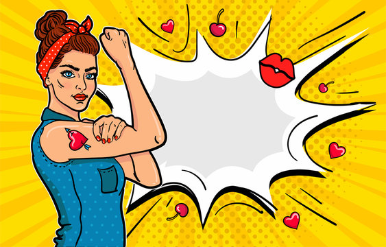 Girls power poster. Pop art sexy strong girl. Classical american symbol of female power, woman rights, protest, feminism. colorful hand drawn background in retro comic style with speech bubble