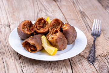 Traditional delicious Turkish foods; dried eggplant stuffed (Kuru patlican dolmasi)
