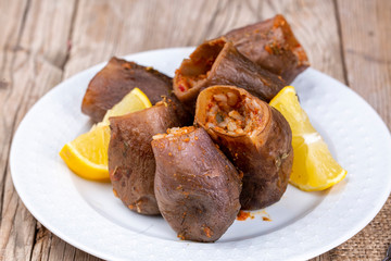 Traditional delicious Turkish foods; dried eggplant stuffed (Kuru patlican dolmasi)