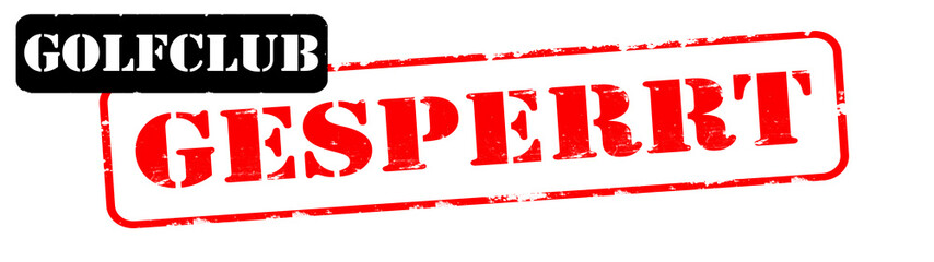 CORONAVIRUS - Roter Banner Stempel mit Schriftzug "GOLFCLUB GESPERRT", und Cartoon Virus, isoliert auf wei&szlig;em Hintergrund