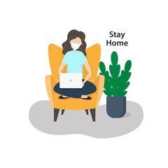 Vector poster Stay at Home for self isolation in Coronavirus Covid-19 quarantine. Young freelancer woman in medical face mask, laptop or computer in home. Working at home, Pandemic of corona virus.