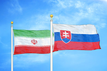 Iran and Slovakia two flags on flagpoles and blue cloudy sky