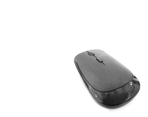 Isolated photo of a black computer mouse on a white background.Place for text.