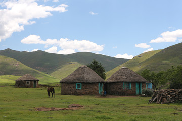 Traditional Basotho African huts in the Kingdom of Lesotho