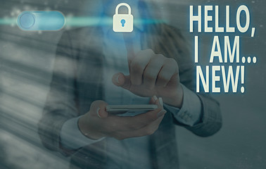 Text sign showing Hello I Am New. Business photo showcasing used greeting or begin telephone...