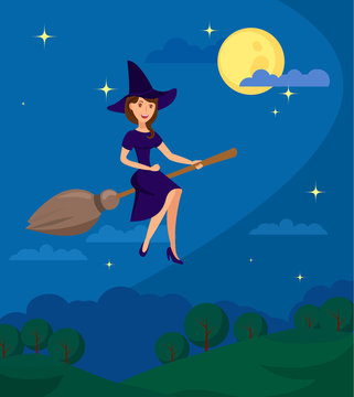 Young Witch Flying to Coven Flat Illustration. Smiling Woman in Spooky Outfit with Hat Cartoon Character. Halloween Celebration, October Holiday. Night Landscape with Forest and Full moon