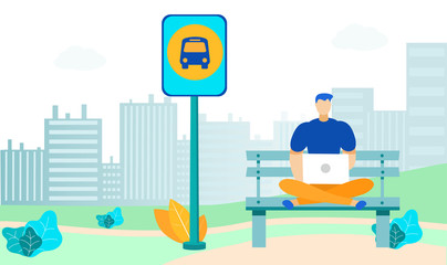 Young Man at Bus Stop Flat Vector Illustration. Male Student with Laptop Cartoon Character. Guy Sitting on Bench in Lotus Pose, Waiting for Public Transport. City Travel, Urban Trip, Journey