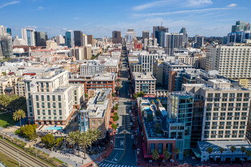Aerial drone footage of an empty and desolate Downtown San Diego during the Covid-19 Coronavirus Pandemic of 2020. San Diego, California, USA.