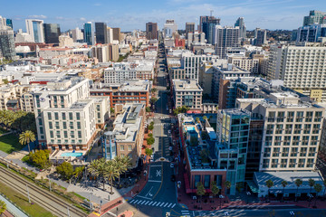 Aerial drone footage of an empty and desolate Downtown San Diego during the Covid-19 Coronavirus Pandemic of 2020. San Diego, California, USA.