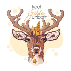 Hand drawn illustration of the cute deer with a magic unicorn horn Vector.